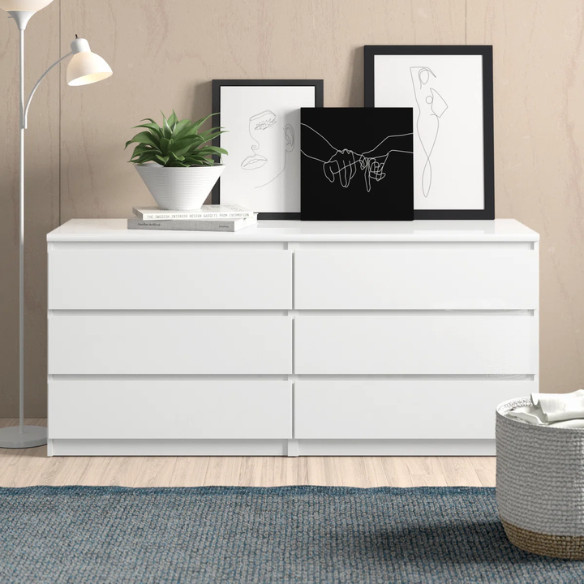 Versatile 60.5" 6-Drawer Double Dresser with Smooth Metal Glides and Clean-Lined Silhouette