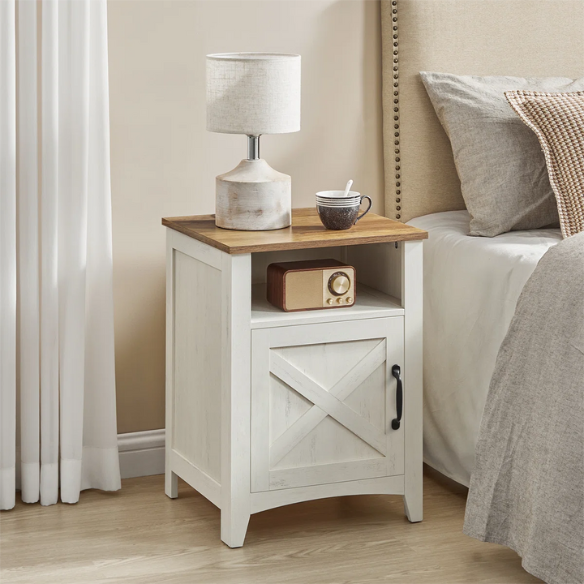 Farmhouse Nightstand with Cabinet & Open Compartment – Rustic Bedside Table, Distressed Finish, Barn Door Style, Matte Black Metal Handles, Flared Legs, Versatile Storage for Bedroom or Living Room