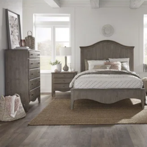 Rustic Charm Meets Chic Elegance: Solid Wood Platform King Size Bedroom Set with Scalloped Edges, Weathered White Wash Finish, Unique Grain Patterns, Angled Feet, and Oil-Rubbed Bronze Drawer Pulls