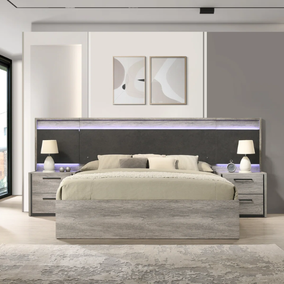 Modern LED Wall Bed with Nightstands, Dresser, Mirror, and Chest in Weathered Gray