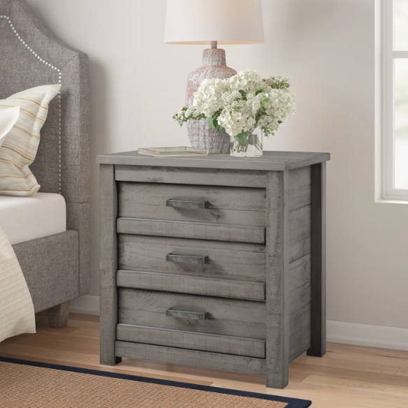 3-Drawer Solid Wood Nightstand – Rustic Distressed Finish, Clean-Lined Plank Design, Metal Hardware for Easy Access, Perfect for Storing Bedside Essentials in Traditional Bedrooms
