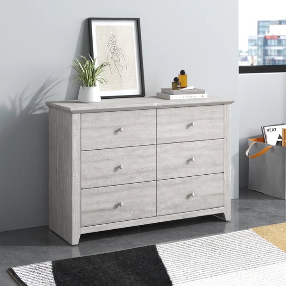 Modern 6-Drawer Double Dresser with Angled Sled Legs and Round Metal Hardware