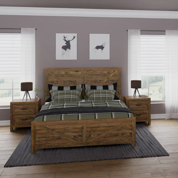 Rugged and Weathered 5-Piece King Bedroom Set – Solid Pine Wood Frame with Dark Brown Finish, Ball-Bearing Glide Drawers, Weathered Steel Hardware, and Ample Storage