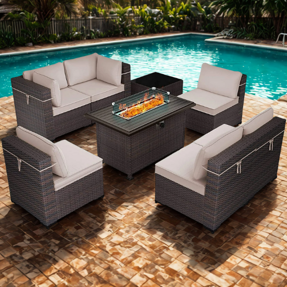 8-Piece Patio Furniture Set with 40" Fire Pit Table | Outdoor Wicker Sectional Sofa Set with Coffee Table | Perfect for Garden Gatherings