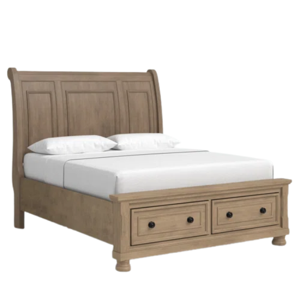 Stylish King Platform Solid Wood Configurable Bedroom Set – Featuring Curved Paneled Headboard, Footboard Storage Drawers, Seven-Drawer Dresser, and Two-Drawer Nightstand for a Functional and Clutter-Free Teen Retreat