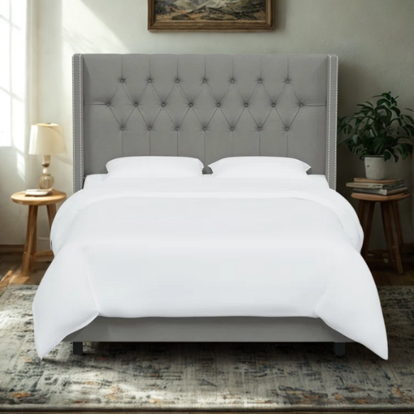 Timeless Upholstered Wingback King Size Bed with Button Tufting and Nailhead Trim