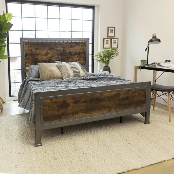 Rustic Industrial Queen Size Bed with Wood-Look Center – Sturdy and Stylish Design