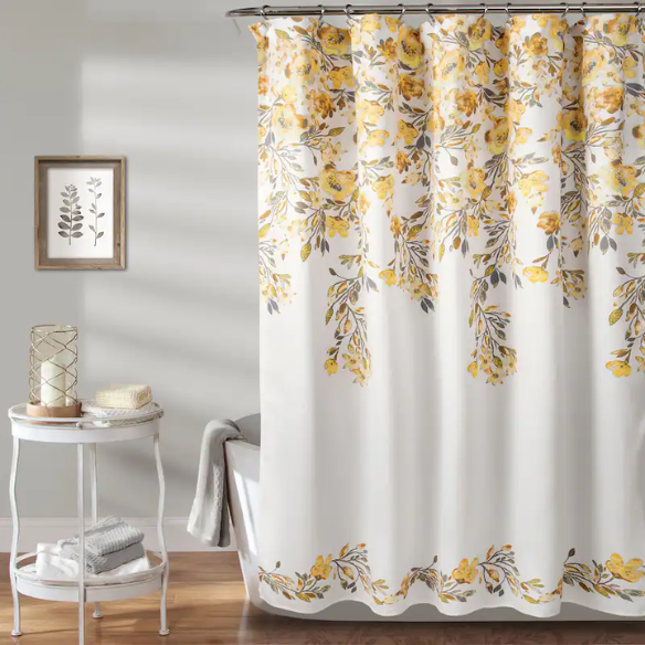 Yellow and Grey Floral Vine Shower Curtain – Shabby Chic Farmhouse Style, 72" x 72"