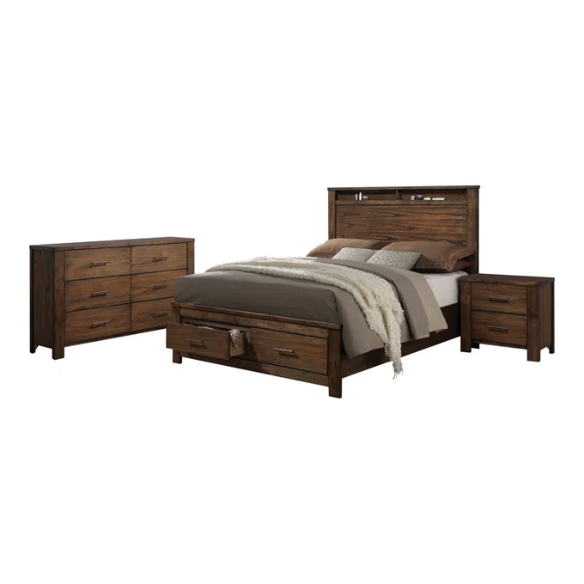 Rustic Cabin-Inspired 3-Piece King Bedroom Set – Durable Bed with Headboard Shelves and Footboard Drawers, Matching Nightstand and Dresser for Ample Storage