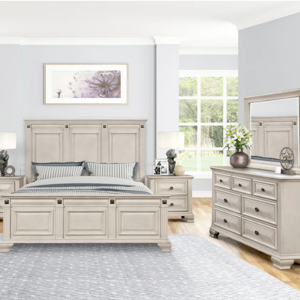 Distressed Parchment Wood Bedroom Set with Panel Bed, Dresser, Mirror, and Nightstand, Featuring Silver Accents and Fluted Pilasters