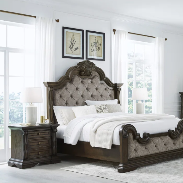 4-Piece Queen Upholstered Bedroom Set in Brown with Tufted Headboard, Dresser, Chest & Nightstand
