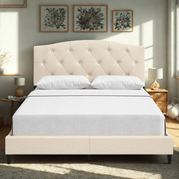 Modern Button-Tufted Queen Size Upholstered Platform Bed with Sleek Design