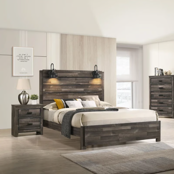Rustic Dark Grey Weathered 6-Piece Platform Bedroom Set with Bold Black Hardware – Frame-Style Design, Metal-on-Metal Drawer Guides, and Sturdy Construction