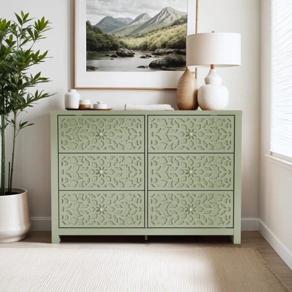 Boho-Inspired 45.4" 6-Drawer Dresser with Distressed Finish and Openwork Floral Details