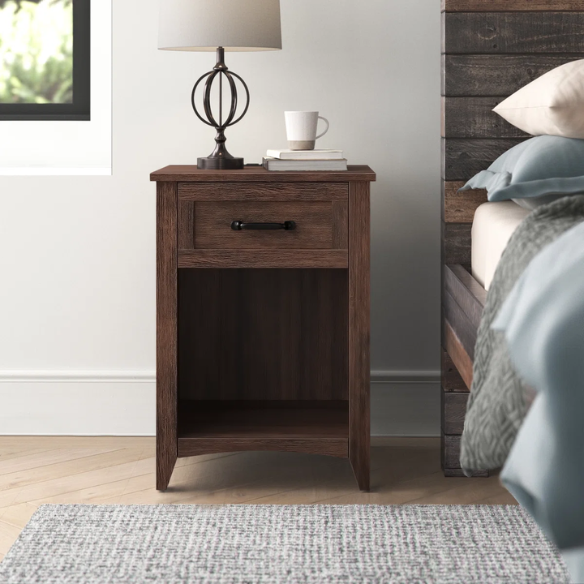 Farmhouse-Style Nightstand with Built-In Charging Station – Engineered Wood, Spacious Top, Drawer & Open Compartment, Matte Black Metal Handle, USB-A & USB-C Ports, AC Outlets, Ideal for Bedroom or Living Room