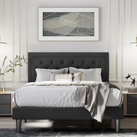 Tufted Upholstered Platform Bed – Full/Double Size with Linen Fabric, Elegant Design for Comfortable Bedrooms