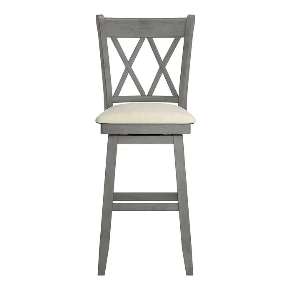 Double X Back Wood Swivel Counter Height Stool – Vintage Charm with Upholstered Linen Seat Cushion, Swivel Function, and Distressed Finishes for Elegant Bar or Counter Seating
