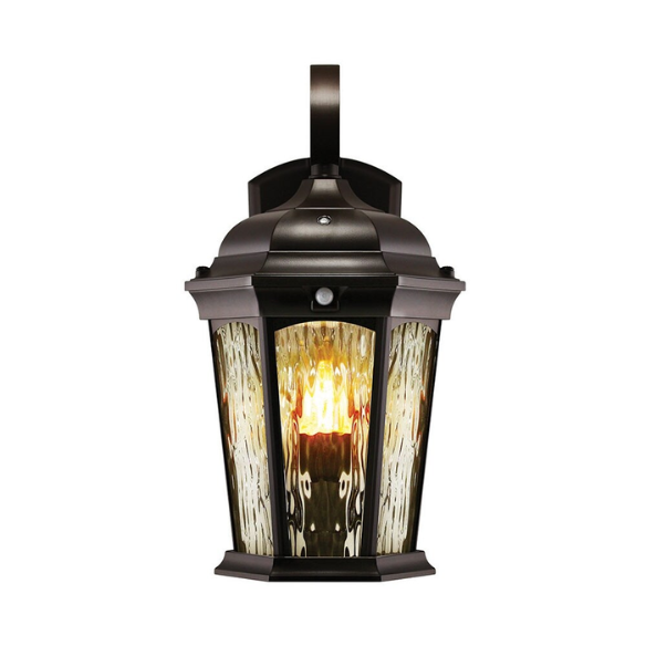 Lighting Flame Lantern with Motion Sensor & Integrated Photocell – 3000K LED Security Light with Water Glass and Bronze Finish
