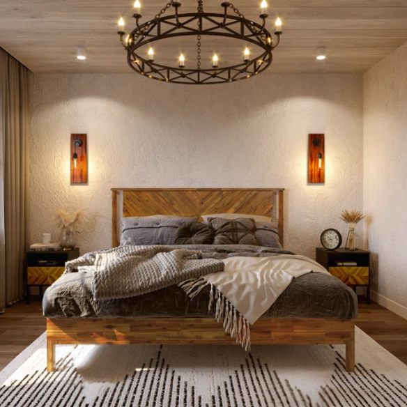 Solid Wood Platform King Size Bed with Headboard and Sturdy Steel Frame, Rustic Design
