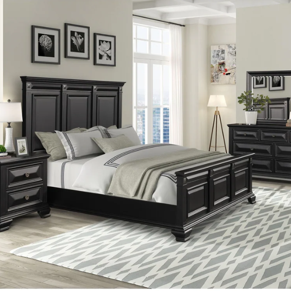 4-Piece Vintage Black Wood Panel Bedroom Set with Distressed Parchment Finish – Traditional Elegance with Silver Accents, Beveled Drawer Fronts, and Brass Rosette Knob Hardware