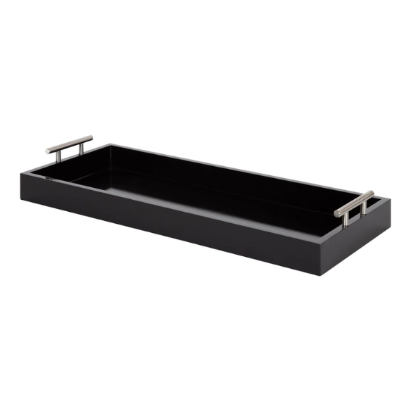 Sleek and Sophisticated Long Rectangular Serving Tray – High Gloss Wood with Polished Metal Handles, Perfect for Entryway, Vanity, or Coffee Table