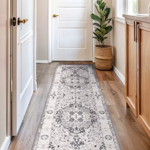 Distressed Oriental-Inspired Indoor Rug – Gray, Silver & Ivory Medallion Pattern, Stain-Resistant, Fade-Resistant, Perfect for Traditional & French Country Décor
