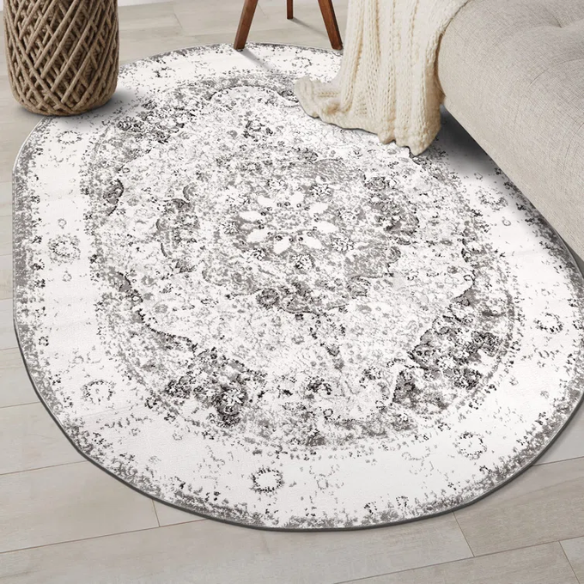 Distressed Oriental-Inspired Indoor Rug – Gray, Silver & Ivory Medallion Pattern, Stain-Resistant, Fade-Resistant, Perfect for Traditional & French Country Décor