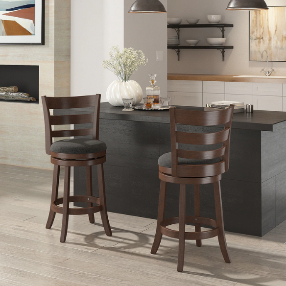 Upholstered Back Swivel Bar Stool – Durable Rubberwood Frame, 360° Swivel Seat, Ring Footrest, and Foam-Padded Linen or Faux Leather Upholstery for Comfortable Everyday Dining