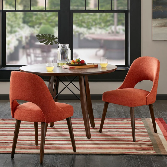 Textured Fabric Dining Side Chairs (Set of 2) – Solid Wood Frame with Mediterranean or Pecan Finish, High-Density Foam Fill & Rounded Back Design
