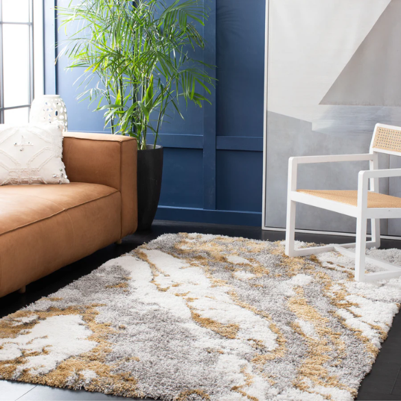 Plush Abstract Gold & Grey Pattern Shag Rug