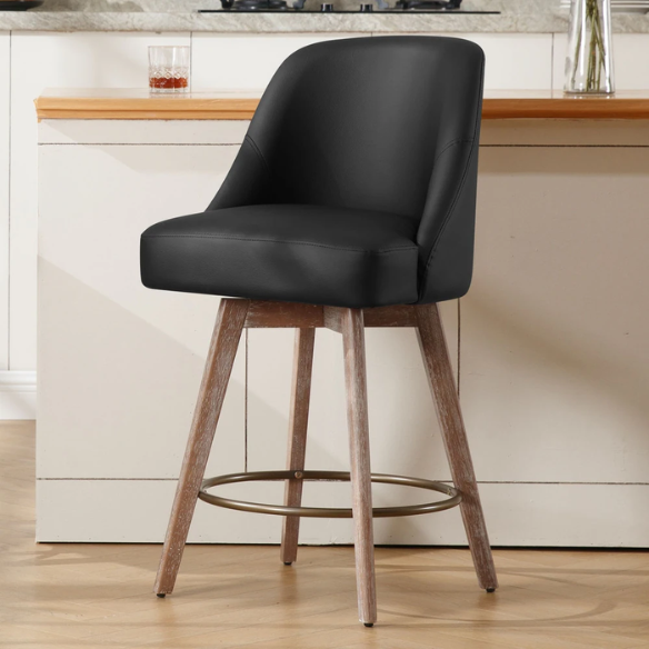 Modern Counter Height Swivel Bar Stool – Upholstered Faux Leather/Polyester Blend Seat, Solid Beech Wood Frame, Ergonomic High Back, Bronze Metal Footrest, 300lb Capacity for Kitchen, Bar, or Pub