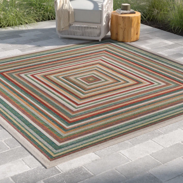 Coastal-Inspired Geometric Rug – Fade & Stain-Resistant, Green & Orange Pattern, Ideal for Indoor/Outdoor Use