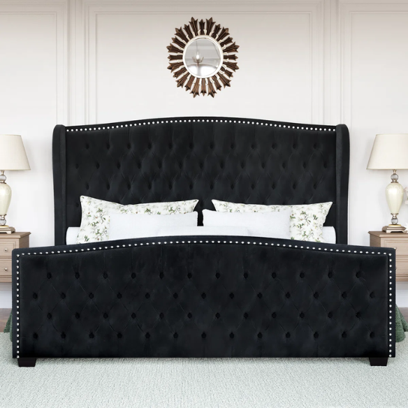 Luxurious King Size Velvet Upholstered Platform Bed Frame with Wingback Headboard – Handmade Button Tufting, Nailhead Detailing, Sturdy Construction, and No Box Spring Needed