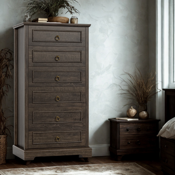 French Country-Inspired 5-Drawer Chest with Metal Ring Handles, Paneled Detailing, and Classic Crown Molding
