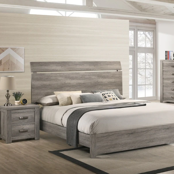 Contemporary Style Weathered Gray Wood 4-Piece Bedroom Set with Panel Bed, Dresser, Mirror, and Nightstand
