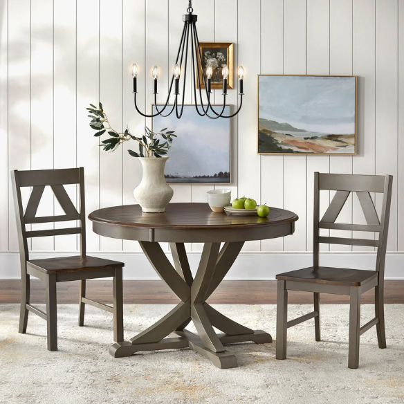 Country-Style 3-Piece Dining Set – Round Beadboard Table with X-Base and Geometric Back Chairs