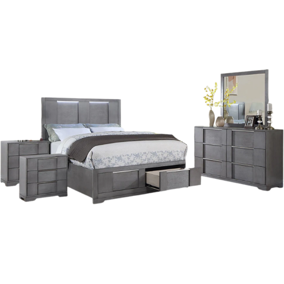 Modern 5-Piece Grey Wood Storage Platform Bedroom Set with LED Headboard Lights and Dovetail Drawers