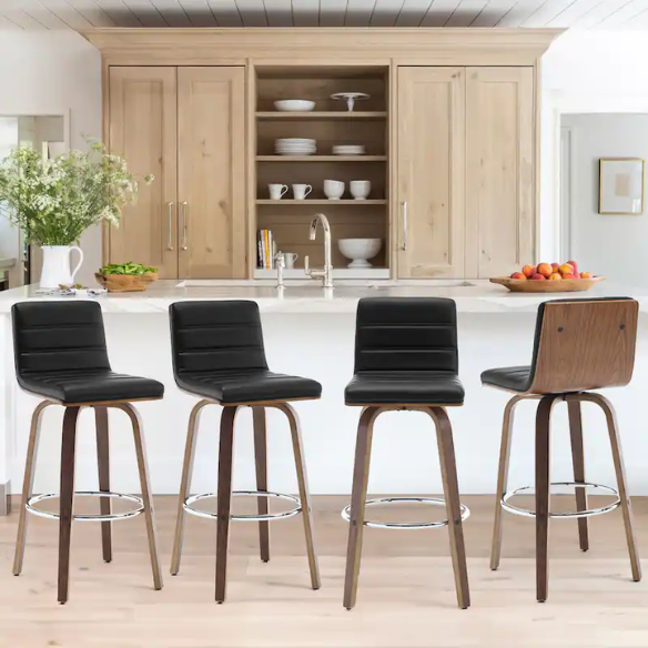 Mid-Century Modern Faux Leather Swivel Counter/Bar Stools – 360° Swivel, Padded PU Leather Seat & Back, Durable Bentwood Legs, Metal Footrest, Supports Up to 440lbs for Home Bar or Kitchen