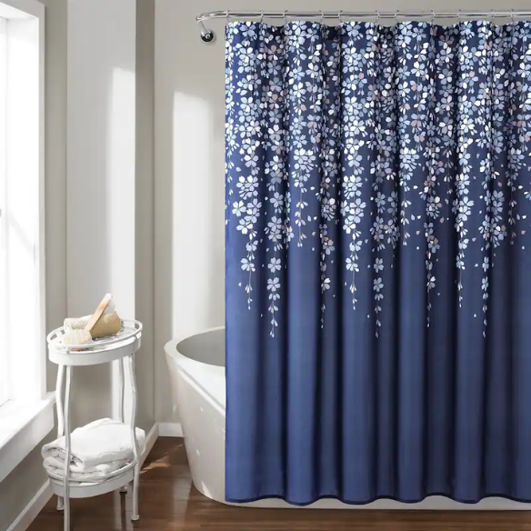 Navy Blue, Grey, and White Weeping Flower Shower Curtain – Elegant Floral Bathroom Décor, 72" x 72"