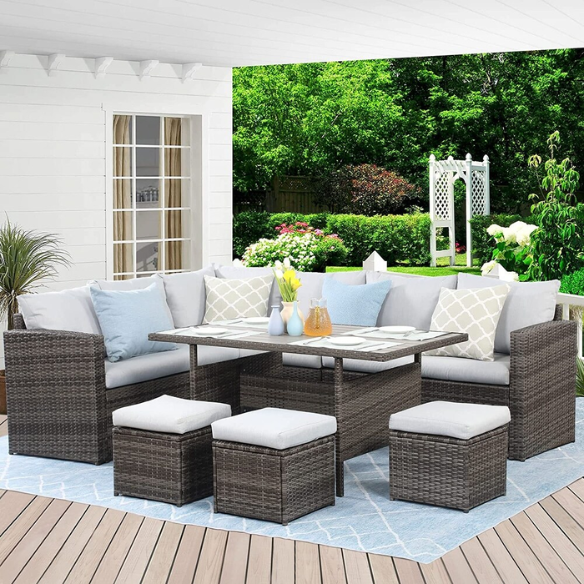 All-Weather Wicker Patio Furniture Set | Stylish Conversation Set with Cushioned Seats and Pillows | Perfect Outdoor Dining Solution