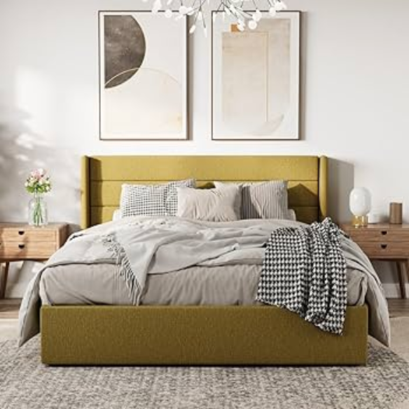 Modern King Size Upholstered Platform Bed with Hydraulic Lift Storage – Sleek Grooved Headboard, Space-Saving Design, and No Box Spring Needed
