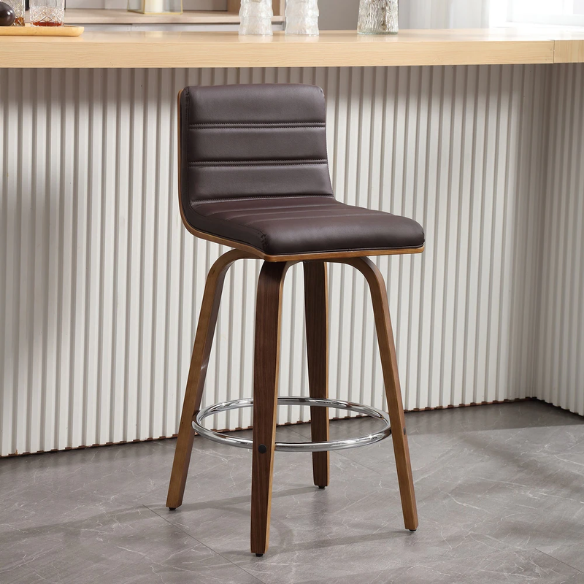 Mid-Century Modern Faux Leather Swivel Counter/Bar Stools – 360° Swivel, Padded PU Leather Seat & Back, Durable Bentwood Legs, Metal Footrest, Supports Up to 440lbs for Home Bar or Kitchen