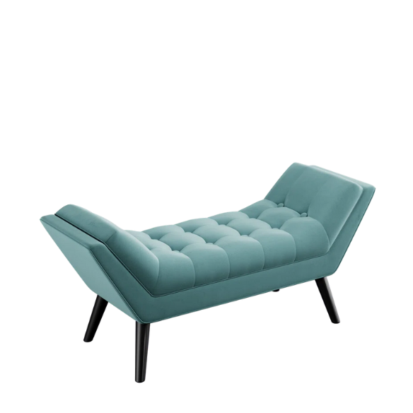Blue tufted fabric bench with solid wood frame, modern design, and button-tufted upholstery for added comfort and style. Ideal for living room, bedroom, or entryway seating.