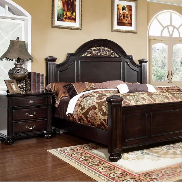 Elegant Traditional 4-Piece Walnut Wood Poster Bedroom Set with Floral Carved Headboard and Fluted Detailing