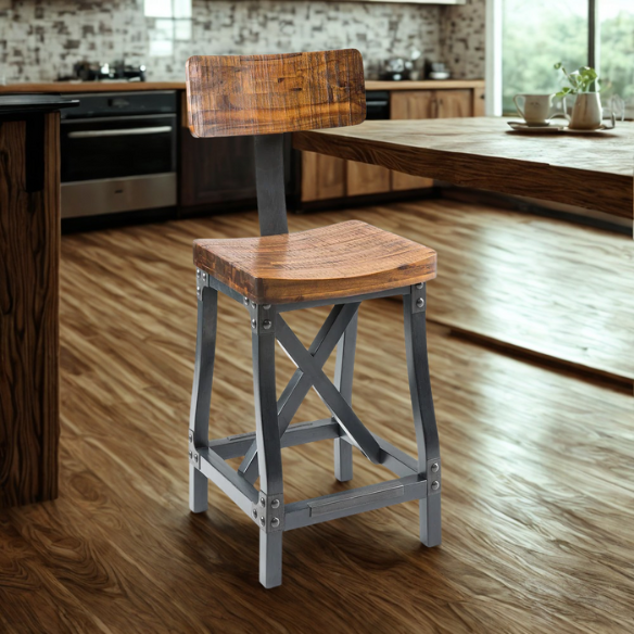 Retro Counter Stool with Back – Vintage Industrial Design, Solid Wood Seat, Antique Silver Metal Finish, and Removable Backrest for Versatile Seating