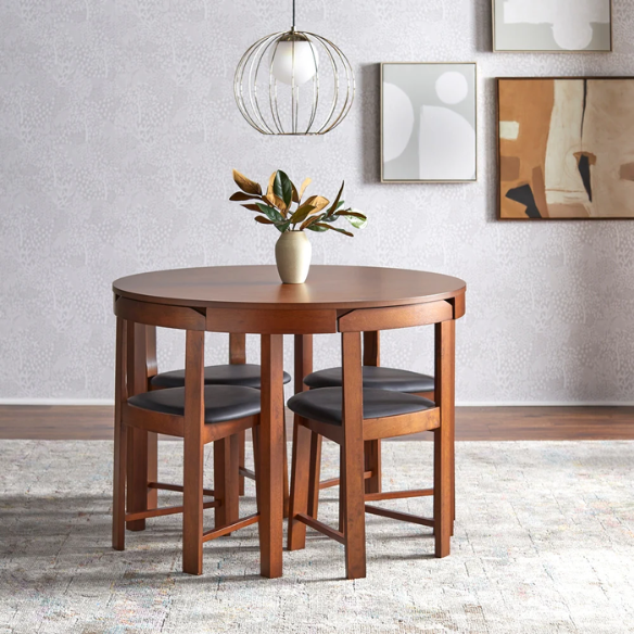 5-Piece Compact Round Dining Set – Space-Saving Design with Vegan Leather or Fabric Seats