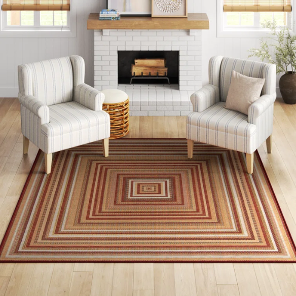 Coastal-Inspired Geometric Rug – Fade & Stain-Resistant, Burgundy,Ivory,Orange,Green,Blue Pattern, Ideal for Indoor/Outdoor Use