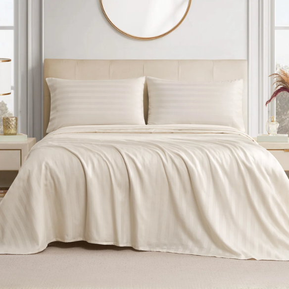 4-Piece Luxury Bed Sheet Set – Fitted & Flat Sheets with Pillowcases | Solid Stripe Bedding for Twin, Full, Queen, King Sizes