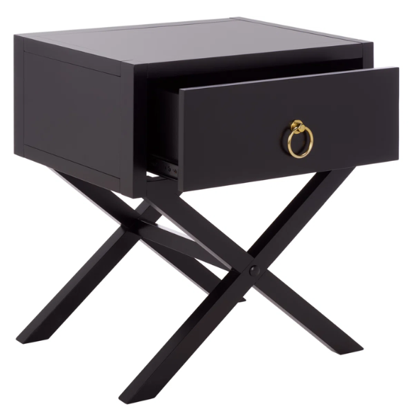 1-Drawer Nightstand – Classic Campaign Style with Contemporary Chic, Acacia Wood Frame, Cross-Base Design, Bold Finish, Gold Drawer Pull, Perfect for Modern Bedrooms