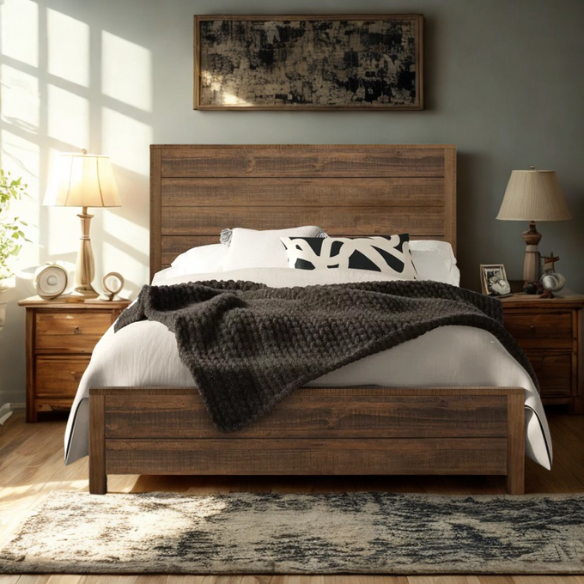 Rustic Solid Pine Wood King Size Panel Bed with Distressed Finish and Streamlined Headboard